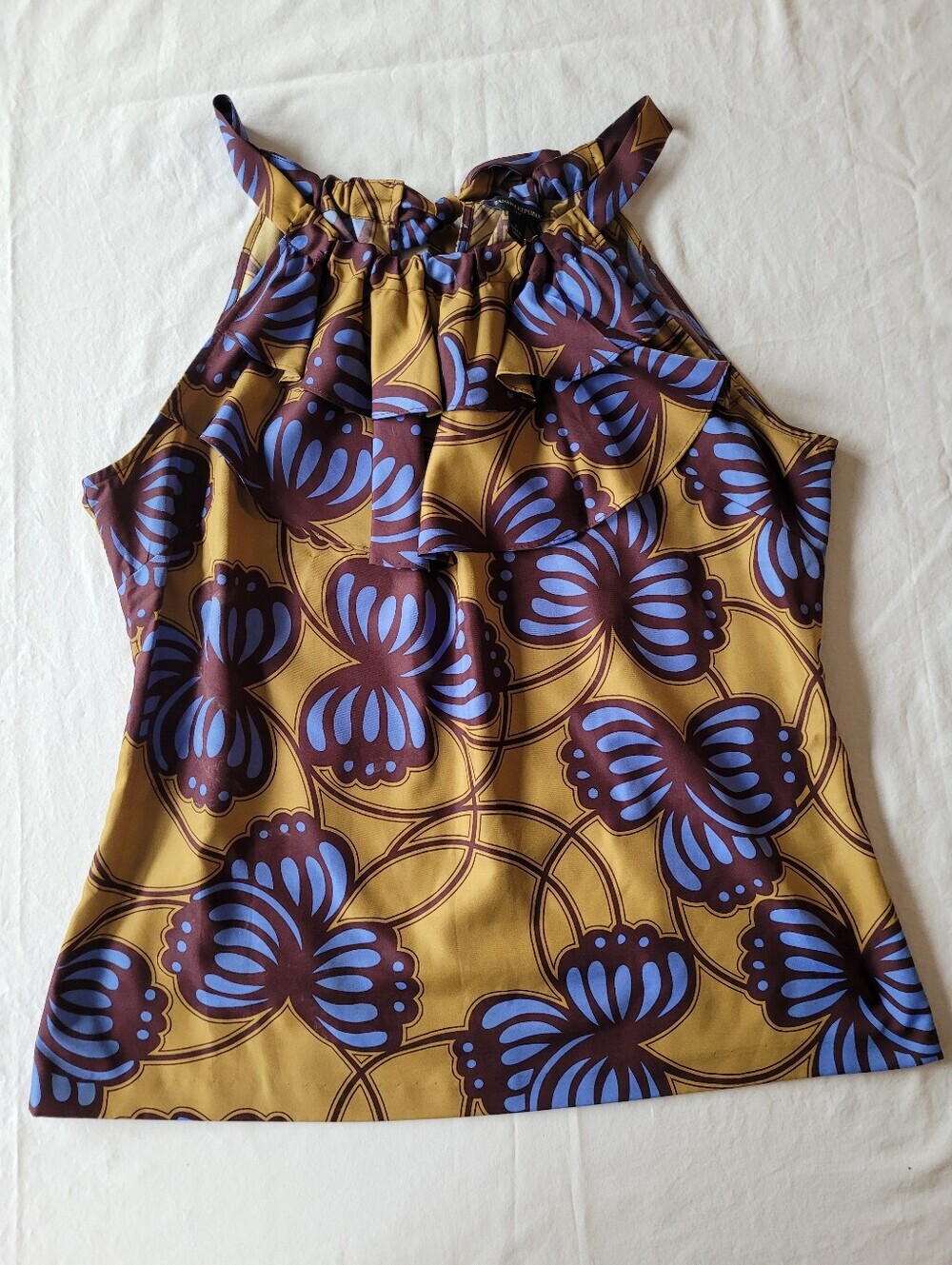 Banana Republic Sleeveless Tie-Neck Floral Print Top in Mustard, Blue & Brown L - Picture 3 of 10